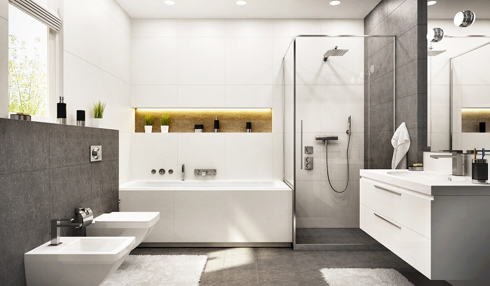 Salle de bain moderne aux couleurs blanches et grises